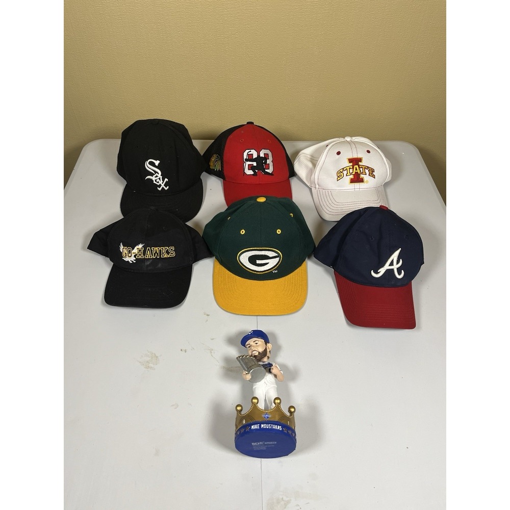 Sports Hat Lot Green Bay Packers White Sox Braves Iowa State & Moustakas Bobble